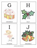 letters G, H, I, J flashcards with christmas theme