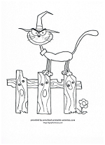 halloween cat on a fence coloring page