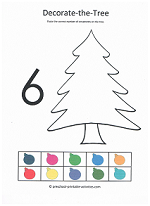 number 6 cut and paste decorations on the christmas tree activity for preschoolers