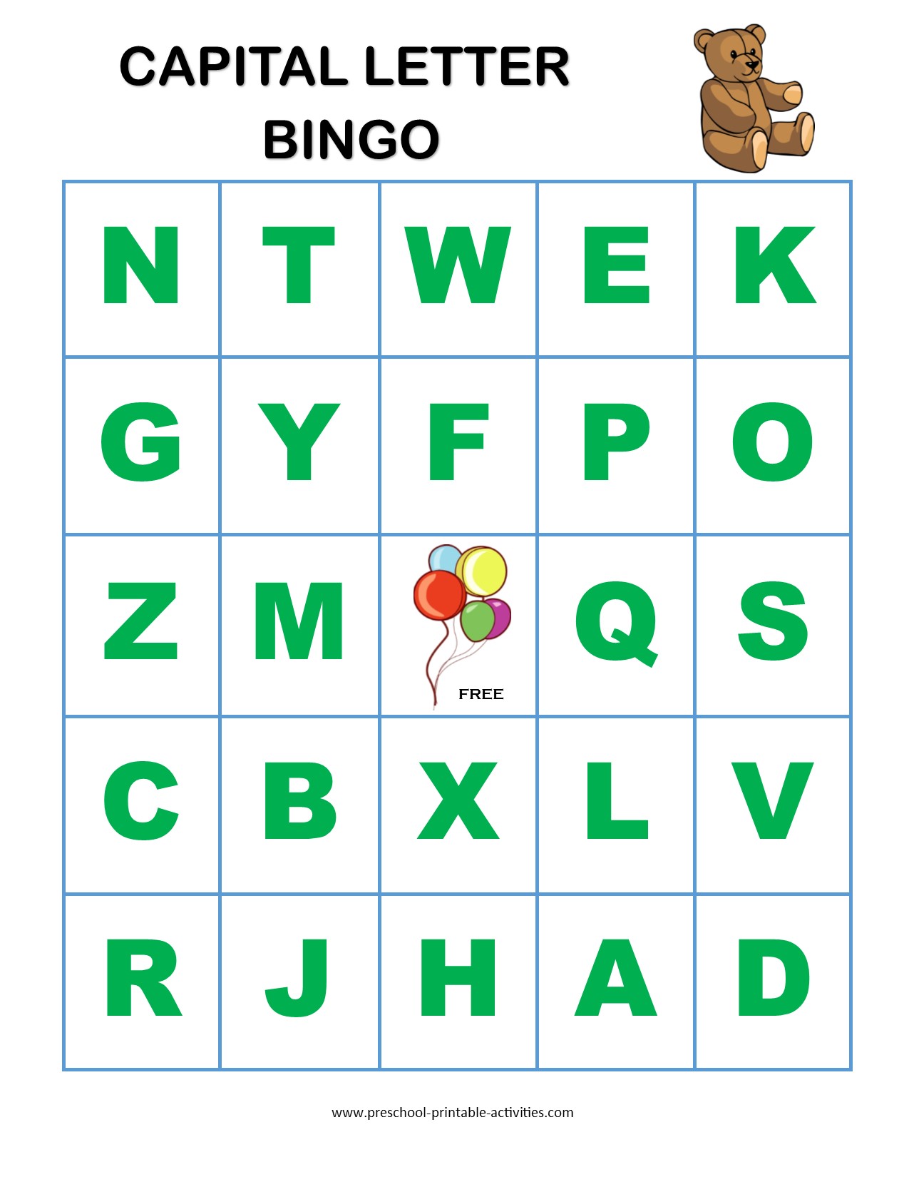 Capital letter bingo game board for preschoolers