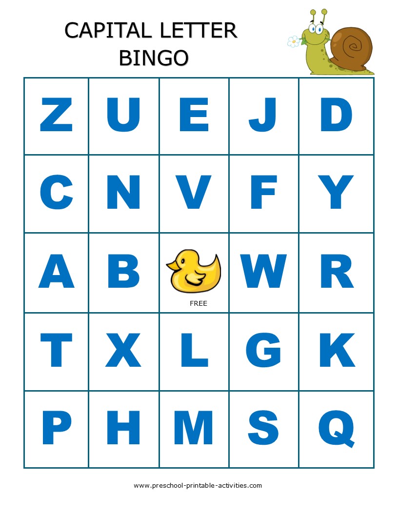 Preschool bingo games for letter recognition. Capital letter bingo.