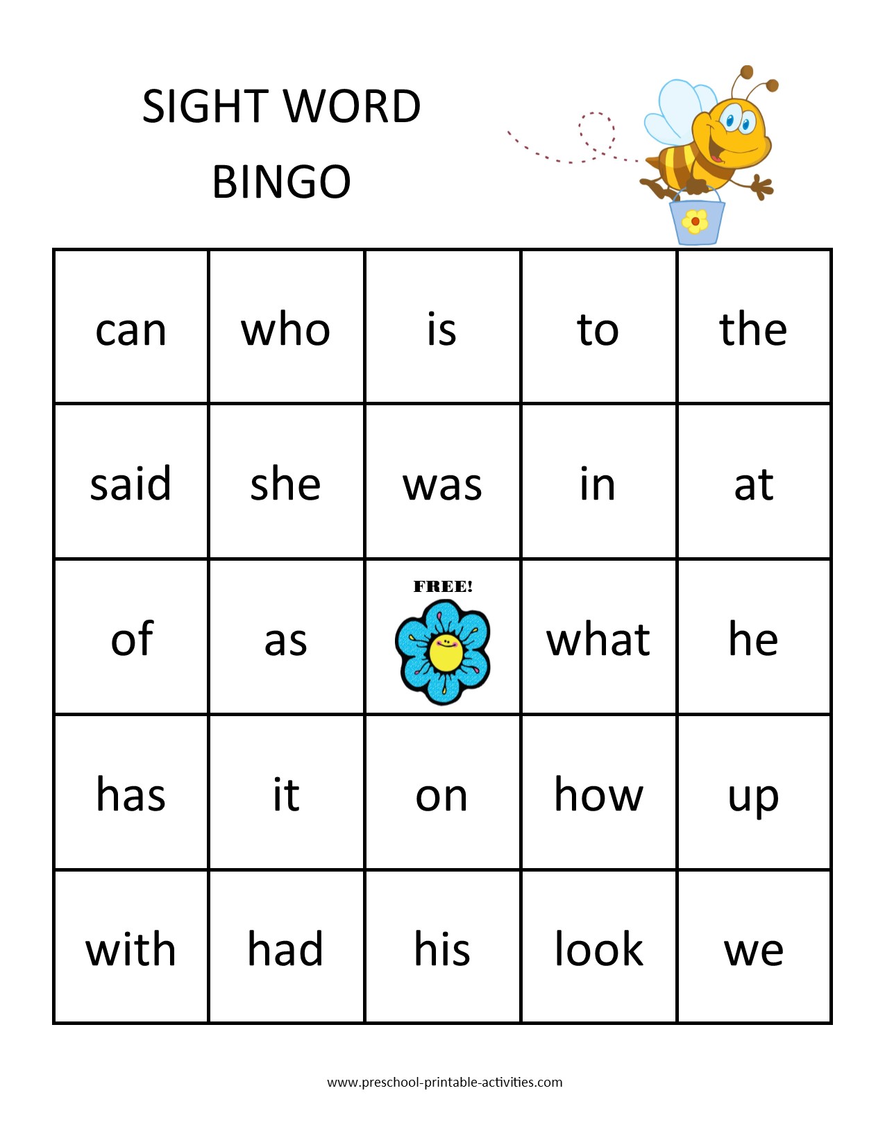 printable sight word bingo game board