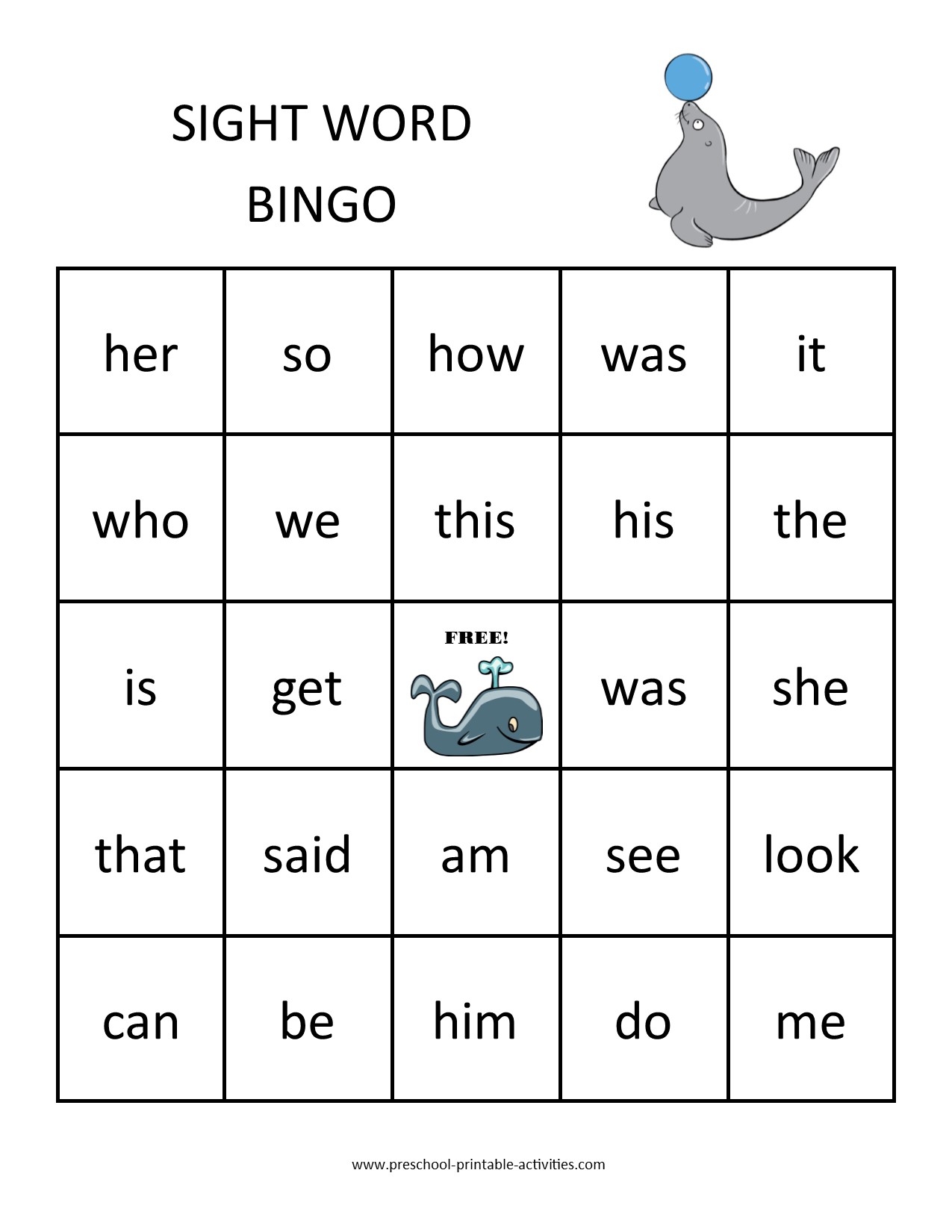 printable sight word bingo game board