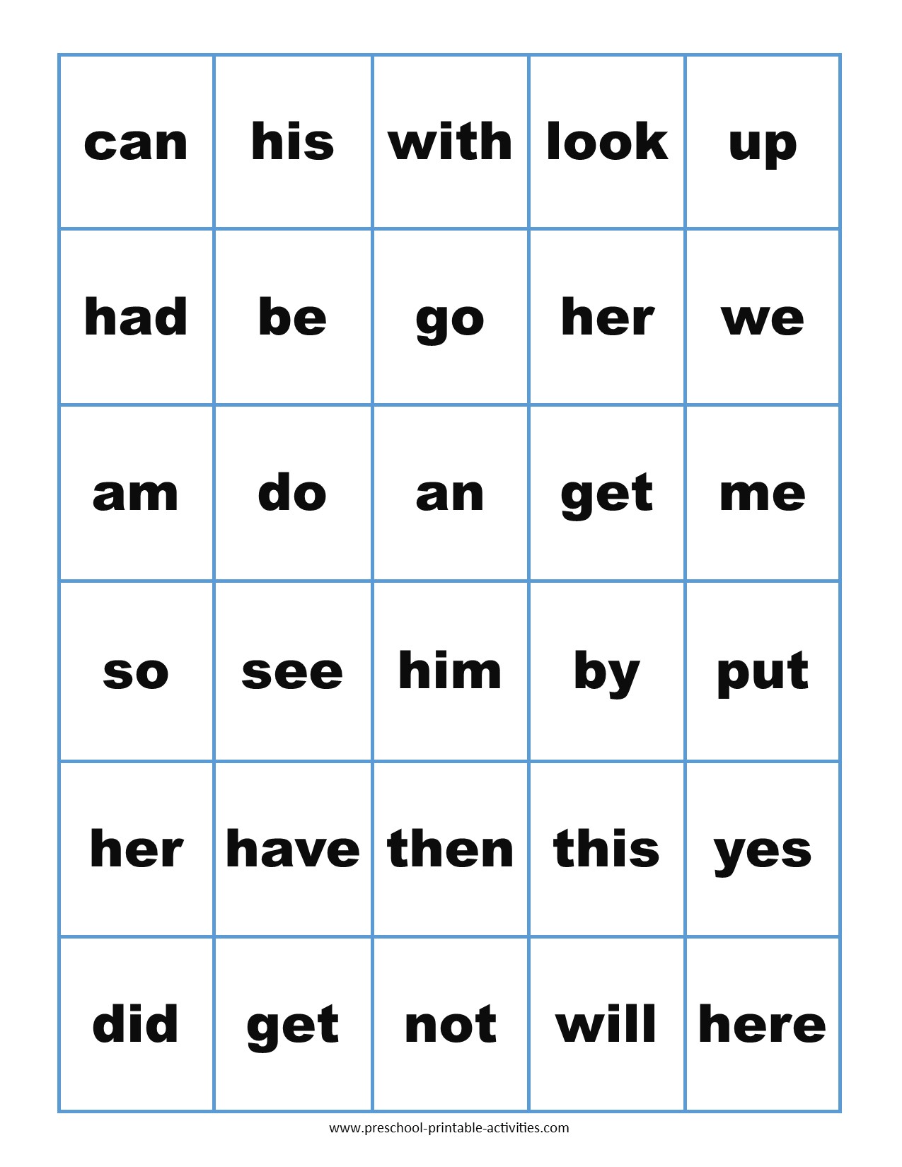 sight word bingo game calling cards