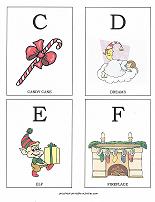 letters C, D, E, F flashcards with christmas theme