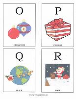 letters O, P, Q, R flashcards with christmas theme
